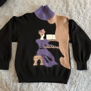 Women’s Black Sweater with Piano Player Motif